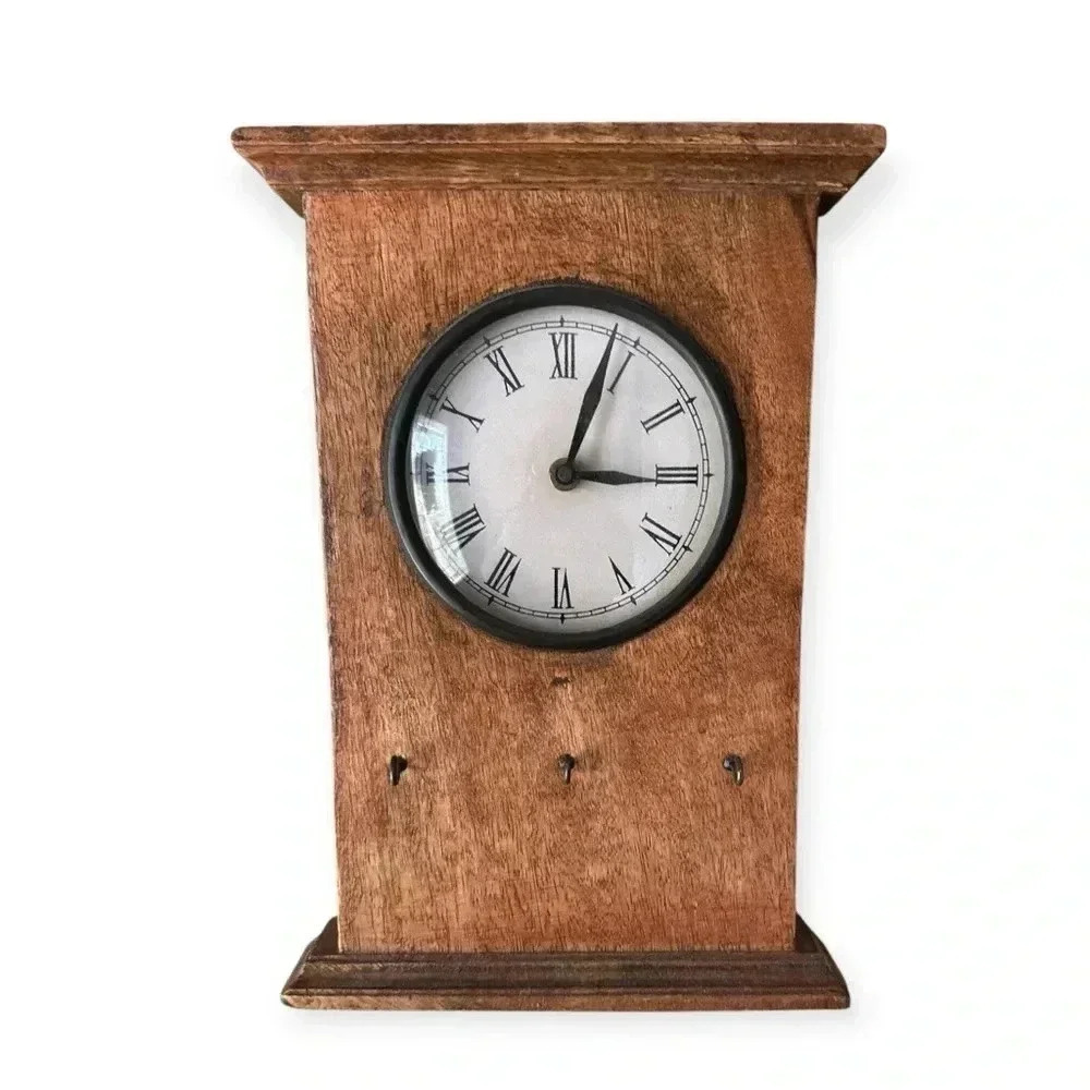 Vintage Wooden Mantel Clock/ key holderwith Roman Numerals Rustic Antique Style